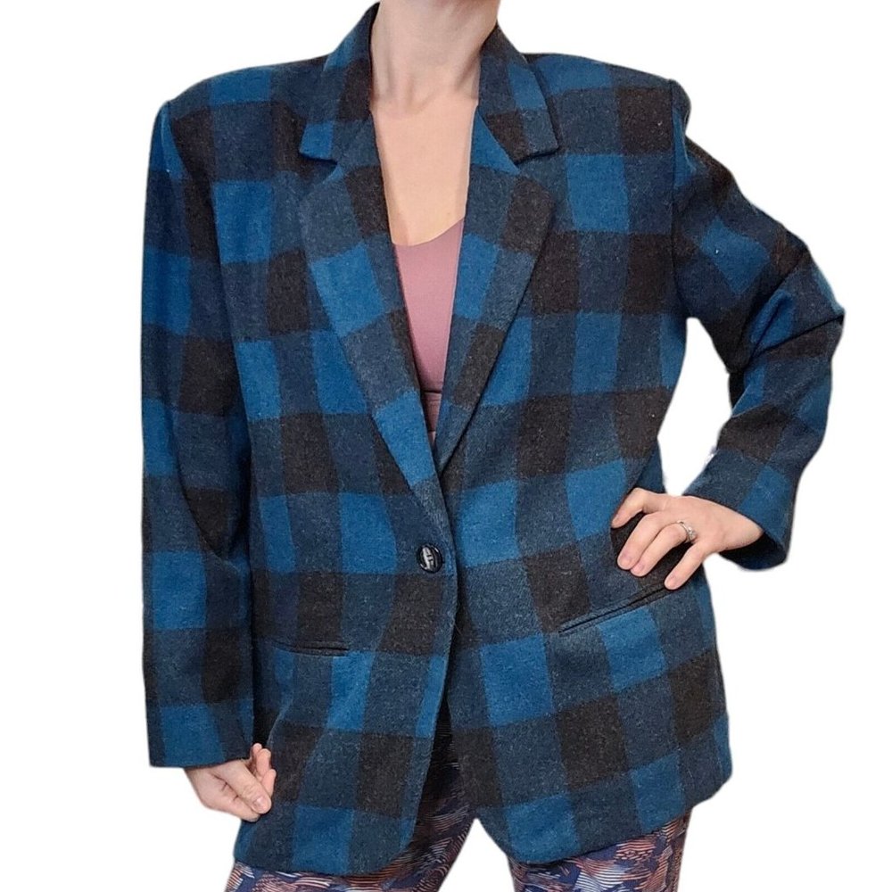 80s 90s Wool Blend Plaid Checkered Teal Blue Dark Gray Blazer Boyfriend Fit M/L‎